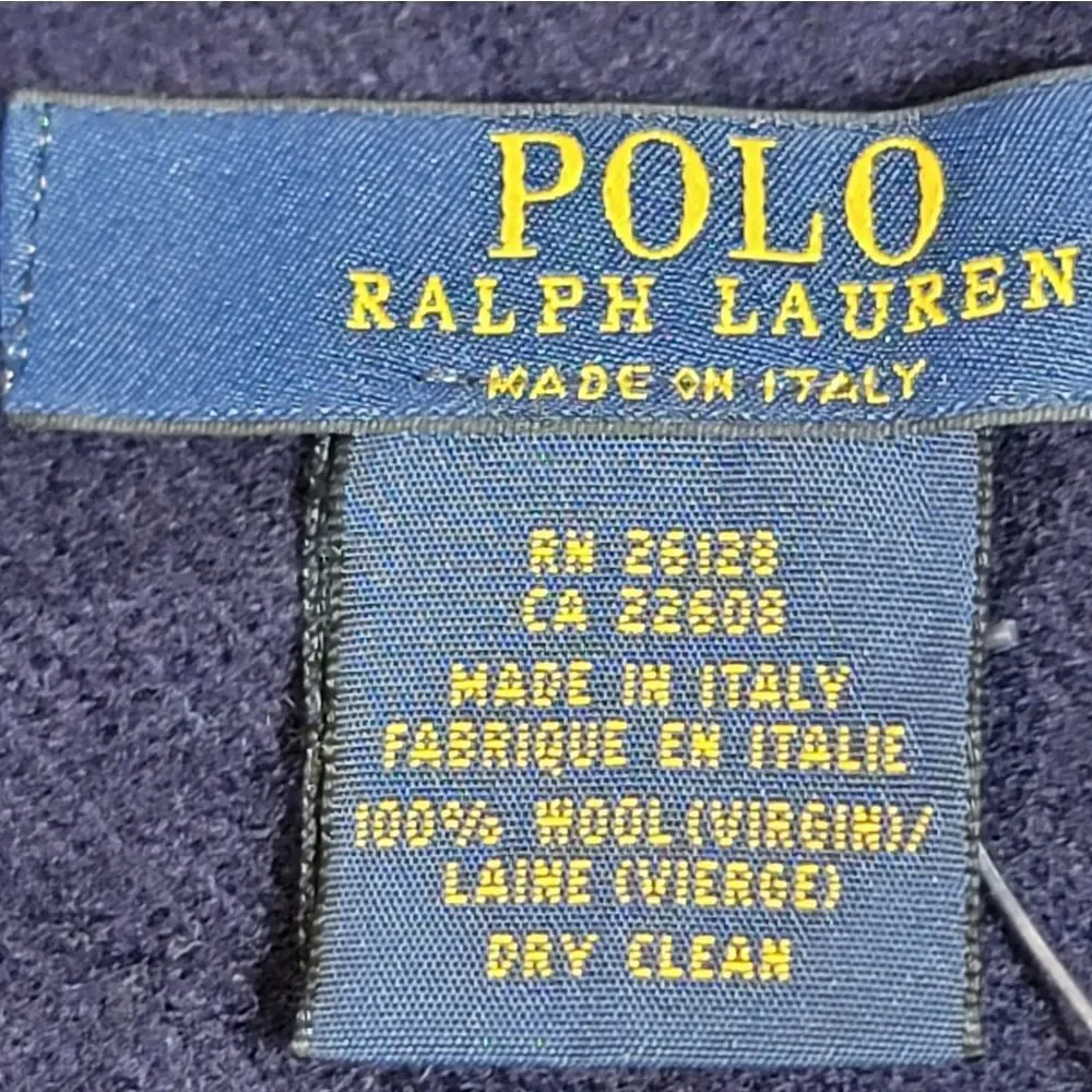 Polo Ralph Lauren Wool Scarf Navy Fringe Made in Italy 70” Embroidered Logo NWT